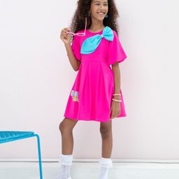 Barbie by Tiny Girl Half Sleeves Brand Name Printed Bow Applique Detailed Dress - Neon Pink-image-79