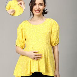The Mom StoreHalf Puffed Sleeve Abstract Printed Maternity Top With Concealed Zipper Nursing Access - Yellow-image-51