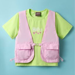 Little Kangaroos Cotton Knit Half Sleeves Top with Attached Jacket & Text Print - Pink-picture-4