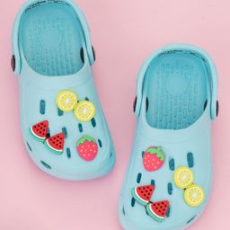 Yellow Bee Solid Clogs With Watermelon Lemon & Strawberry Charms - Blue-image-78