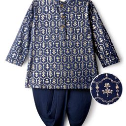 EARTHY TOUCH Single Jersey Knit Full Sleeves Kurta Dhoti Set with Floral Print - Navy Blue-picture-26
