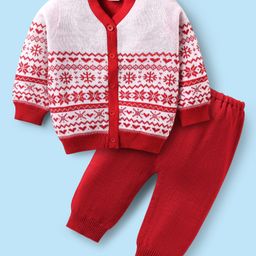 Babyhug Knitted Full Sleeves Front Open Sweater Set With Aztec Design - Red & White-picture-16
