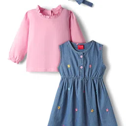 Babyhug Cotton Woven Full Sleeves Floral Embroidered Frock With Tee & Headband - Blue-picture-49