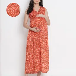 Mine4Nine Rayon Woven Sleeveless Floral Printed Maternity Dress With Front Open Nursing Access - Orange-picture-2