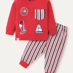 CUCUMBER Sinker Knit Full Sleeves T-Shirt & Joggers Set With Boat Print - Red-picture-45