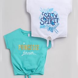 giniekids Cotton Knit Pack Of 2 Half Sleeves Typography & Floral Printed Tops - White & Mint-image-95