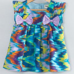 Hugsntugs Cotton Woven Frill Sleeves Abstract Printed Bow Applique Detailed Top - Blue-image-26