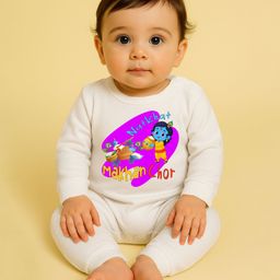 The Peppy Tend 100% Cotton Knit Janmasthami Theme Full Sleeves Natkhat Makhan Chor Text Printed Romper - White-image-68