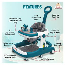 Infantso Teddy Steady 4-in-1 Baby Walker: Walker, Bouncer, Feeding Tray, & Push Toy - Adjustable Height & Speed - 6-24 Months - Green image 2