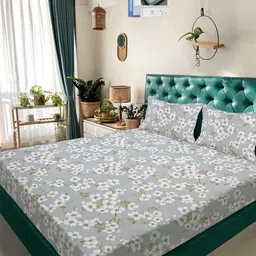 KLOTTHE Grey Floral 300 TC Cotton Blend Double Bedsheet in Book Fold Packing-image-56