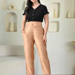 KALINI Women Beige Silk Mid-Rise Trousers-picture-33