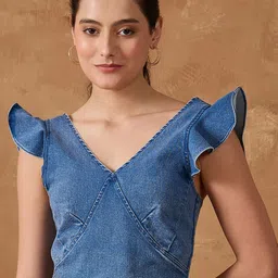 Orchid Blues Women V-Neck Flutter Sleeve Denim Fitted Crop Top-picture-40