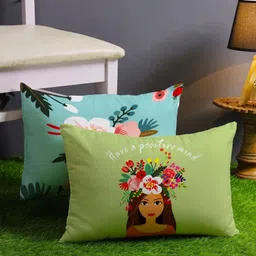 STITCHNEST Blue & Green 2 Pieces Floral Rectangle Cushion Covers-12