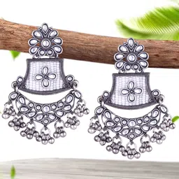MEENAZ Silver-Plated Oxidised Stone Studded & Beaded Contemporary Shaped Drop Earrings-image-78