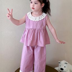 LULU & SKY Girls Pure Cotton Lace-trimmed Peplum Top With Palazzos-image-33