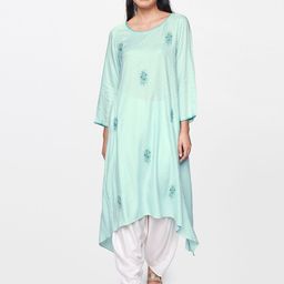Global Desi Women Sea Green Woven Design Floral Thread Work Kurta-image-43