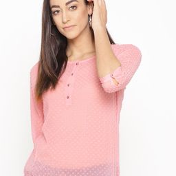 Porsorte Women Pink Self Design Semi-Sheer Blouson Top-image-6