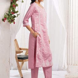 KALINI Ethnic Motifs Embroidered Thread Work Kurta with Trousers & Dupatta image 4