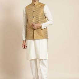 SOJANYA Men Cream-Coloured Chikankari Pure Cotton Kurta with Churidar & Nehru Jacket-picture-12