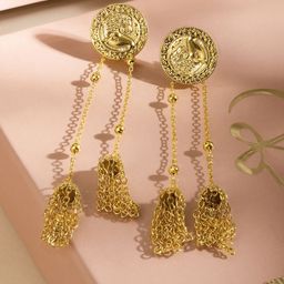 Rubans Voguish 18K Gold-Plated Coin Motif Chain Tasselled Drop Earrings-17