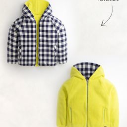 Cherry Crumble By Nitt Hyman Full Sleeves Gingham Checked & Solid Polar Fleece Reversible Hooded Jacket - Navy Blue & Yellow-image-1