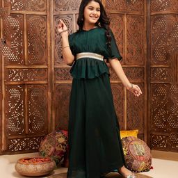 Stylo Bug Half Sleeves Lace Embellished Gathered Kurta & Palazzo Set - Green-image-85