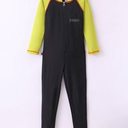 Rovars Cotton Lycra Full Sleeves Solid Color Body Swimsuit - Black & Lemon Yellow-image-6