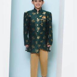 AJ Dezines Brocade Full Sleeves Floral Foil Printed Sherwani Set - Green-image-22