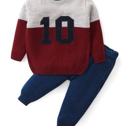 Babyhug Knit Full Sleeves Sweater Set with Colour Block Design & Number Embroidery - Grey & Red-image-81