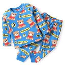Babyhug Cotton Knit Full Sleeves Teddy Printed Night Suit - Blue-image-68
