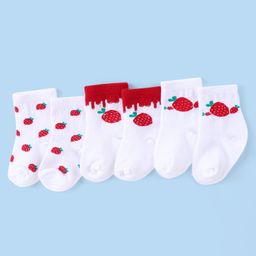 Cute Walk by Babyhug Knit Anti-Bacterial Ankle Length Socks with Strawberry Design Pack of 3 - White  & Red-image-67