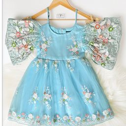 Bella Moda Half Sleeves Floral Lace & Sequin Embellished Dress - Sky Blue-image-30