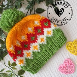 Woonie Handknitted Intarsia Pom Pom Deatiled Cap - Multi Colour-image-11
