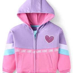 Babyhug Cotton Knit Full Sleeves Hooded Sweat Jacket With Sequin Heart Detailing - Purple & Pink-image-57