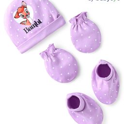 Babyoye Disney Interlock Caps Mittens & Booties Set With Bambi Graphic - Lilac-3