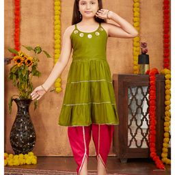Aarika Rayon Sleeveless Floral Shaped Sequins & Gota Lace Embellished Dhoti Kurta Set - Mehendi Green & Pink-image-35