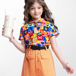 OLLINGTON ST. Cotton Half Sleeves Printed Shirt Top & Skirt - Multicolor & Orange-image-57