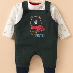 Wonderchild Teddy Bear Embroidered Dungaree With Full Sleeves Tee - White & Medium Green-image-10