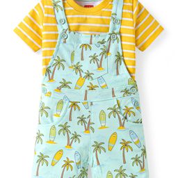 Babyhug Single Jersey Knit Half Sleeves Striped T-Shirt & Dungaree with Beach Theme Print - Yellow & Light Blue-image-17