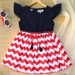 Bella Moda Cotton Cap Sleeves Schiffli Embroidered & Chevron Printed Dress - Blue-image-31