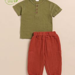 Cot & Candy Organic Cotton Half Sleeves Solid Tee & Lounge Pant Set - Olive & Picante-image-31