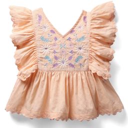 Kookie Kids Cotton Woven Frill Sleeves V Neck Top With Front Floral Embroidery - Light Orange-image-92