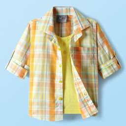 Dapper Dudes Full Sleeves Checked Shirt With Attached Tee - Lemon-image-96