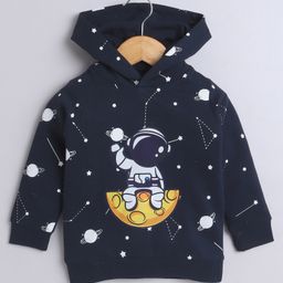 BUMZEE Fleece Knit Full Sleeves Astronaut Printed Hooded Sweatshirt - Navy Blue-image-22