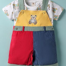 ToffyHouse Corduroy Woven Half Sleeves T-Shirt & Dungaree With Teddy Embroidery & Print - White Blue & Red-picture-17