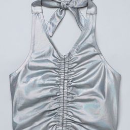 Taffykids Knit Sleeveless Metallic Front Ruched Halter Neck Crop Top - Silver-picture-31