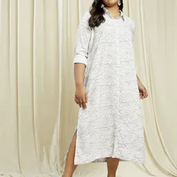 Globus Gloplus Collared Neck Roll-Up Sleeves Floral Print Plus Size Midi Shirt Dress-picture-4