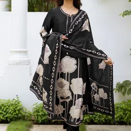 Anouk Black Floral Printed Mirror Work Pure Cotton Kurta with Trouser & Dupatta-image-25