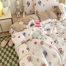 JC HOME Khaki & White Cartoon Characters Polycotton 3 Piece Double King Regular Bedding Set-54