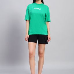 GRIFFEL Printed Oversized-Fit Pure Cotton T-Shirt & Shorts Co-Ord Set-image-89